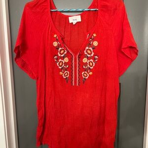 Vibrant Red Floral Embroidered Blouse by Fyve. Size medium.